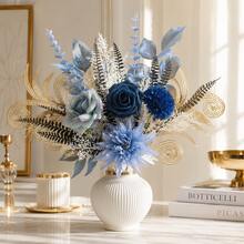 1 Set Sky Navy Blue Rose & Dahlia Bouquet With Metallic Gold Curly Leaf ...
