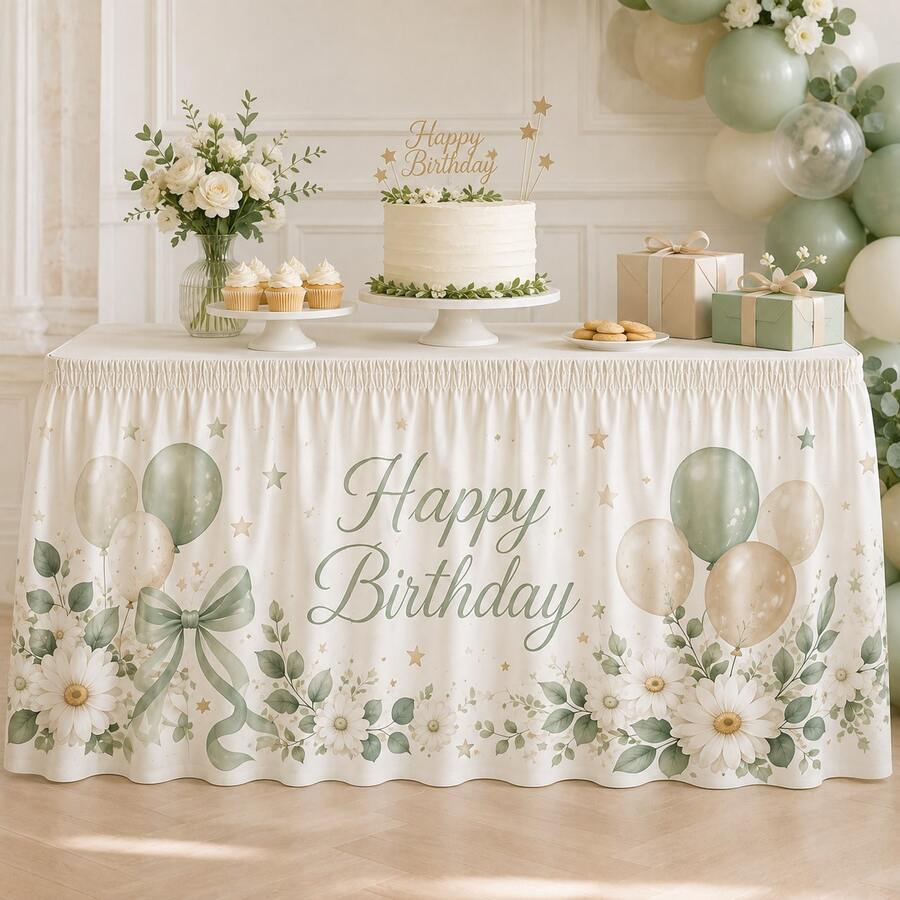 Sage Green Happy Birthday Table Skirt With Balloon, Daisy And Bow Print, Polyester Party Tablecloth, Suitable For Children's Birthday, Baby Shower, Dessert Table And Neutral Celebration Decor - A - View 1