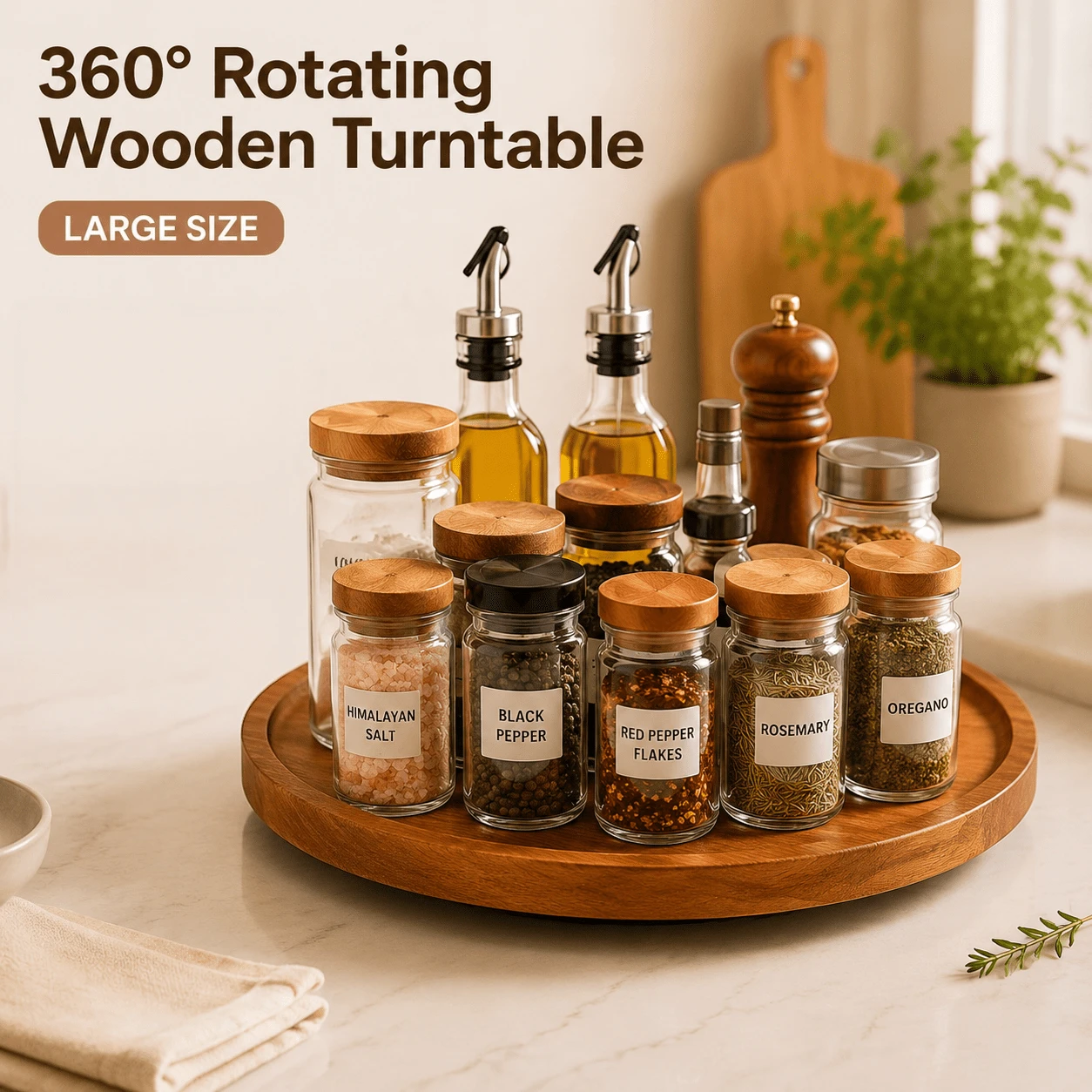 360° Rotatable Round Wooden Turntable, Multifunctional Spice Storage Tray For Kitchen Counter, Cabinet & Bathroom, Easy To Clean, Ideal Gift For Father's Day, Housewarming & Birthday