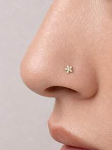 1pc 925 Sterling Silver Small Flower Zirconia Nose Stud, Flat Back, Hypoallergenic, Piercing Jewelry, Nose Ring, Ear Stud, Unisex, Daily Casual Wear - Gold - View 3