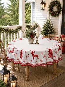 1pc-Nordic-Style Christmas Reindeer Print Tablecloth, With A Red Reindeer, Pine Tree, Snowflake, And Geometric Border Pattern; A Rustic Table Cover Suitable For Christmas Eve, Christmas Dinners, And Restaurant Table Decorations. - Multicolor - View 3
