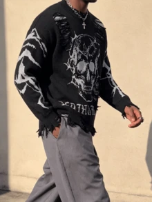ANDREILEE Men's Fashion Casual Versatile Daily Commute Home Skull Distressed Fringe Crew Neck Long Sleeve Loose Ribbed Pullover Sweater Knit Top Autumn/Winter - Black - View 4