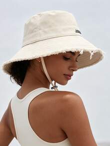 1pc Women's Summer Bucket Hat, Same Style As Xuan Ya, Washed Frayed Edge, Wide Brim Sun Hat, Simple Versatile Vacation Style UV Protection Hat - A - View 7