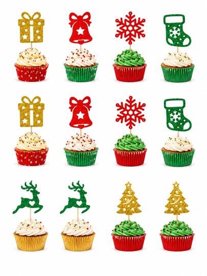 12 st/24 st juldekorationer för cupcakes, guldfärgade glittriga cake toppers, 6 högtidsmönster, DIY-tårtpinnar, lämpliga för julparty cupcakes och desserter