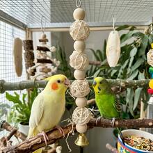Hanging White Woven Rattan Ball Wooden Bead Bird Toy With Bell - Parrot Chewing Boredom Relief Foraging Bird Cage Accessory, Suitable For Budgies, Cockatiels, Lovebirds And Other Small To Medium Birds - View 7