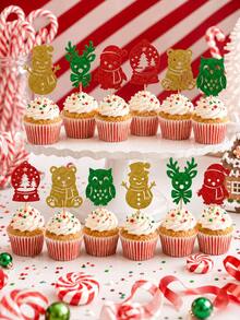12pcs/24pcs Christmas Cake Toppers, Gold Glitter Cupcake Picks With Wooden Toothpicks And Glue Dots, Christmas Holiday Party Baking Decoration - Style a - View 6