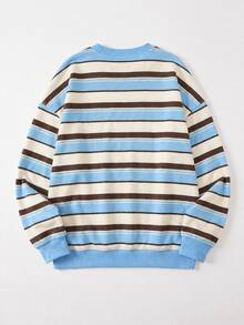Women Retro Color Block Stripe Crew Neck Sweatshirt, Loose Drop Shoulder Long Sleeve Casual Cropped Pullover Top - Navy Blue - View 2