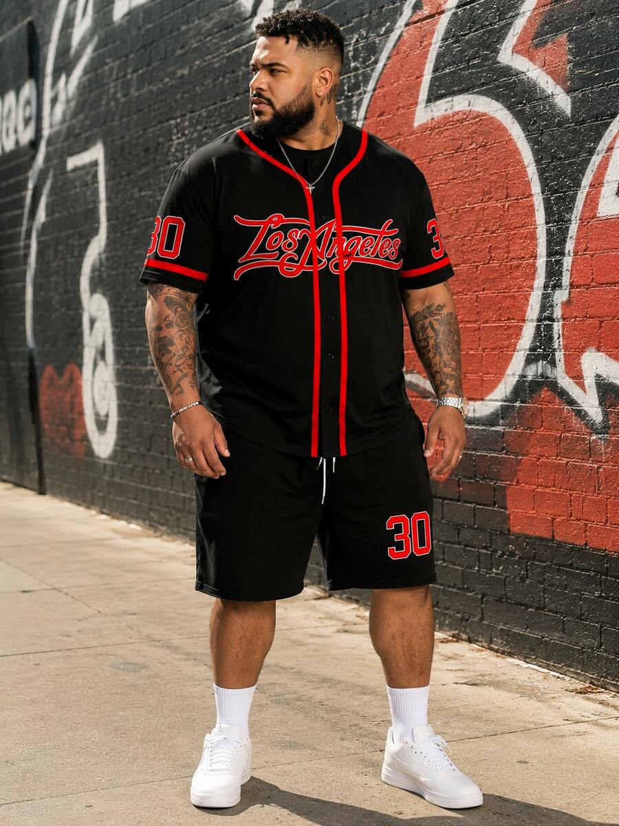 Men's Minimalist "Color Block Los Angeles Letter" Graphic Tracksuit - Polyester Knit Fabric, Round Neck Design, Drawstring Shorts, Pocket Details, Regular Fit, Suitable For Plus Size - Black - View 1