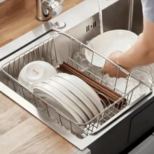 Expandable Stainless Steel Sink Drainer Rack, Adjustable Sink Drying Basket, Multi-Functional Kitchen Storage Drainer, Suitable For Bowls, Plates, Fruit And Vegetable Washing - Silver - View 1