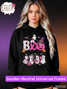 Pink Ribbon Boo Ghost Nurse Print, Halloween, Autumn Casual Wear, Women, Femme - 黑色 - 查看 1