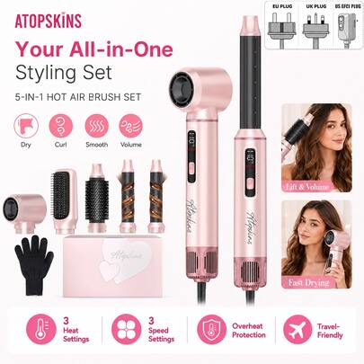 ATOPSKINS 5-In-1 Multifunctional Hair Dryer & Hot Air Brush Set, Straightening Comb & Auto Curling Iron & Hot Brush With LED Temperature Display, 3-Level Precise Temperature Control, Perfect Gift For Mother's Day, Valentine's Day, Essential Hair Styling Product For Travel, Suitable For All Hair Types, Multiple Hairstyles In One Set