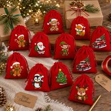 12 Packs Christmas Drawstring Gift Bags, Small Red Holiday Gift Bags With 12 AssortedChristmas Designs, 3.94 X 4.72 Inch Mini Gift Pouches For Stocking Stuffers, Party Favors &Holiday Gift Packaging - Red - View 5