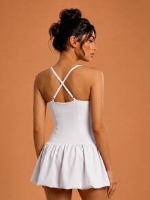 Never me Women's Cross-Strap Tennis Skirt With Lined Shorts And Built-In Pockets, Golf Dress - White - View 3