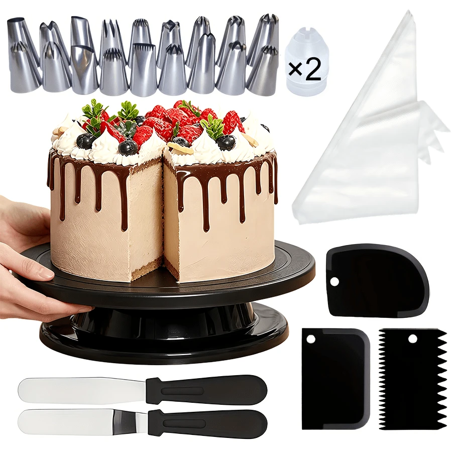 Bộ 126 món dụng cụ trang trí bánh, gồm bàn xoay bánh 11 inch, 100 túi bắt kem dày 12 inch, 18 đầu bắt kem lớn 1 inch và các dụng cụ bắt kem khác, phù hợp làm bánh tại nhà, trang trí kem bơ DIY
