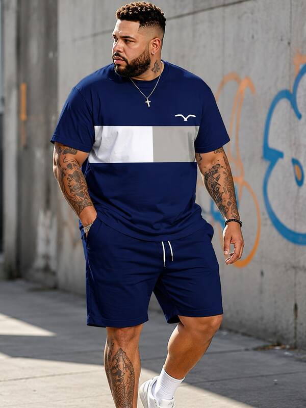 Plaid Contrast Design Print | Plus Size Men's Short Sleeve Set | 3D Graphic Round Neck Top | Stretchy Breathable Polyester | Casual Sporty Style | Plus Size Loose Fit | Everyday & Party Wear