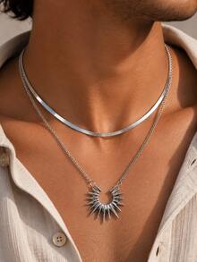 2pcs/Set Double Layer Stacked Flat Snake Chain + Spiked Sun & Moon Pendant Thin Chain, Unisex Minimalist Hip Hop Punk Collarbone Necklace - Silver - View 3