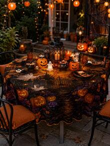 This"Happy Halloween" Themed Tablecloth Features Spooky Ghost And Pumpkin Patterns, Creating An Eerie And Mysterious Holiday Atmosphere; It Is Perfect For Decorating Home Kitchens And Dining Areas, And Makes An Ideal Choice For Autumn Holiday Parties - Multicolor - View 5