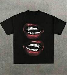 Casual, Soft T-Shirt With A Fun Barbecue Lip Pattern And Heat Transfer Print. - 黑色1 - 查看 9