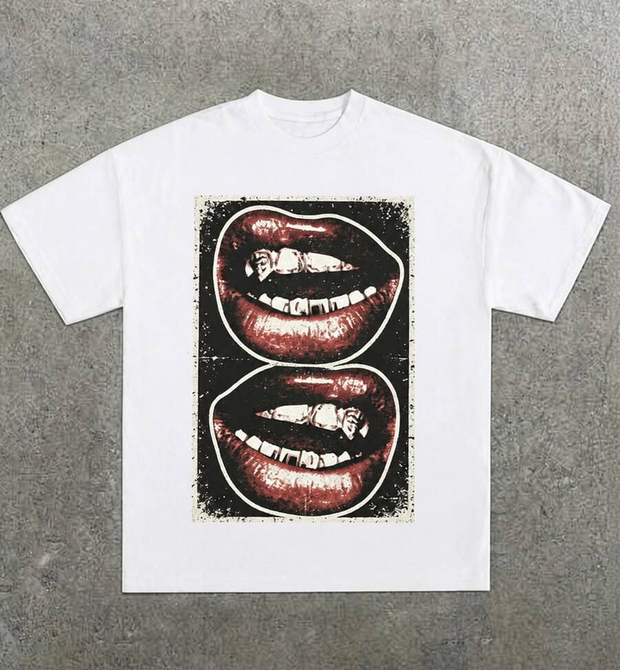 Casual, Soft T-Shirt With A Fun Barbecue Lip Pattern And Heat Transfer Print. - 白色3 - 查看 1