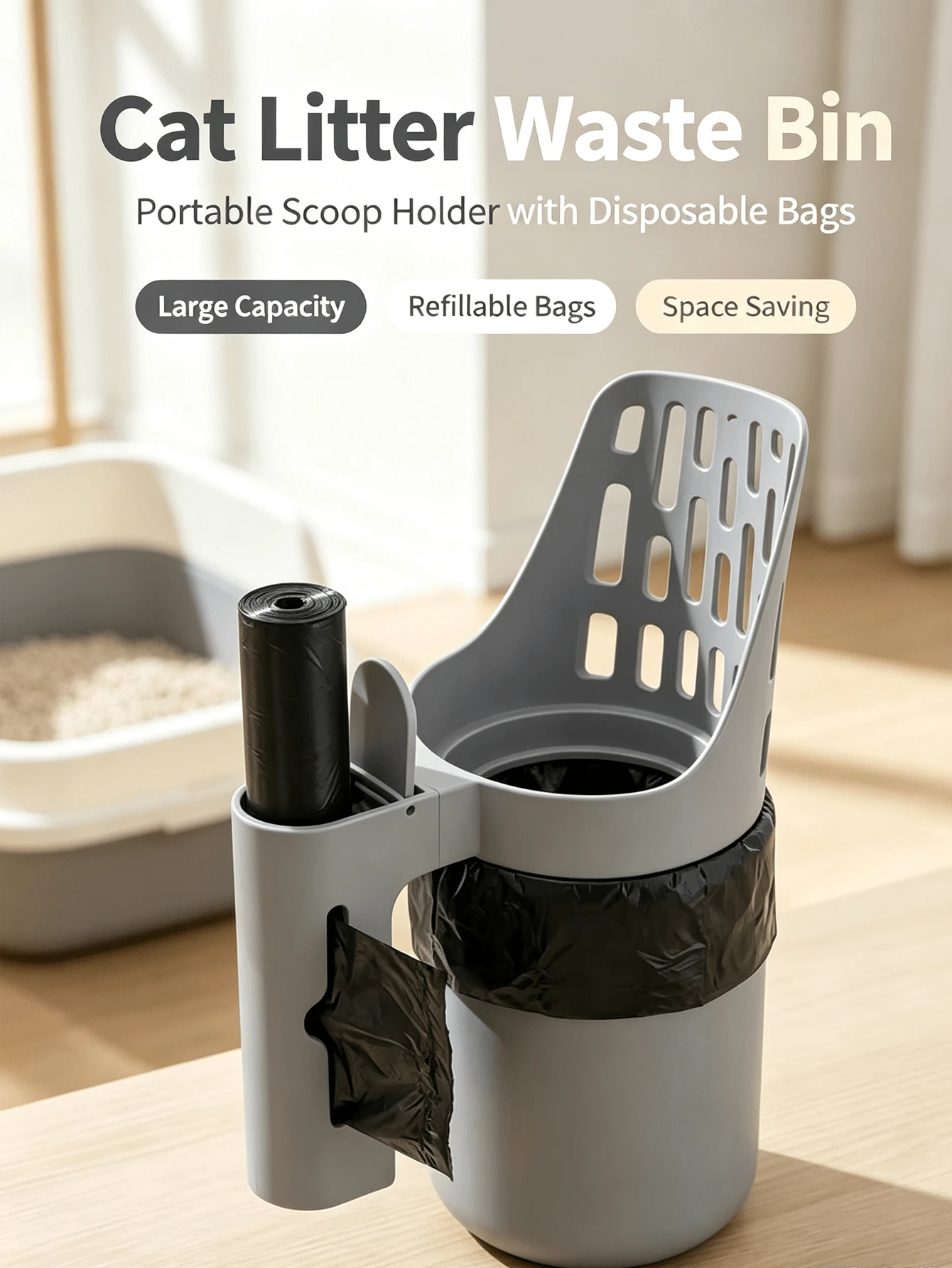 Cat Litter Scoop With Integrated Trash Bin, Portable Cat Litter Sifter Scoop With Disposable Trash Bag Storage, Odor-Proof Cat Litter Cleaning Tool, Suitable For Indoor Kitten Household Daily Cleaning - Multicolor - View 1