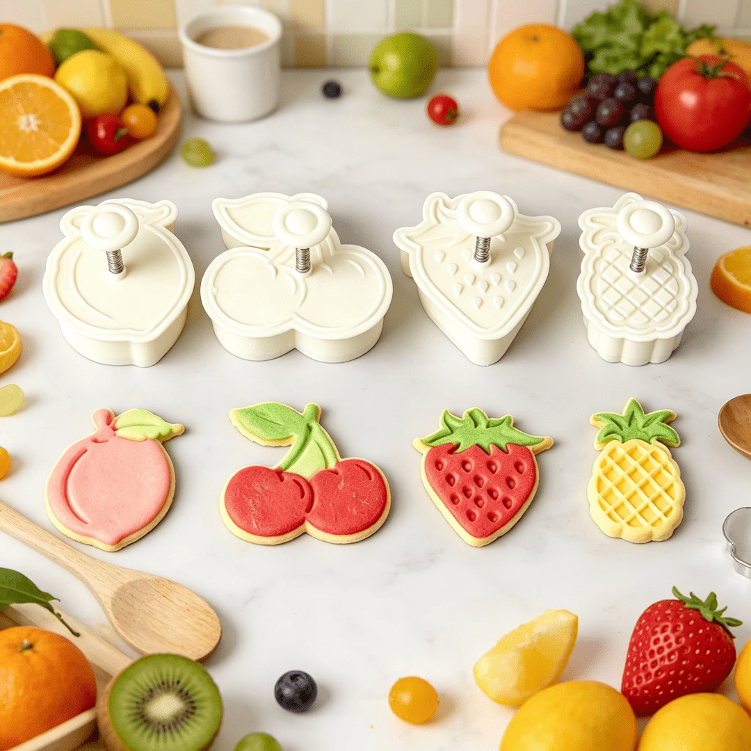 4er Set Obst & Ozean Ausstechformen, Druck-Typ Keksstempel Form, Formen beinhalten Pfirsich, Erdbeere, Kirsche, Ananas, Seepferdchen, Seestern, Muschel, geeignet für Heimküche DIY Kekse, Gebäck, Halloween, Weihnachten, Geburtstagsparty und mehr