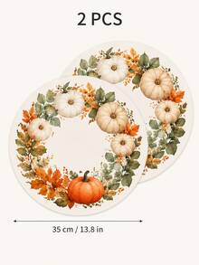 Runder Tischset mit weißem Kürbispflanzenkranz, orangefarbenem Kürbis und grünem Blattmuster im Herbststil, frischer Landhausstil, geeignet für Küchentisch, Esszimmer, Thanksgiving-Abendessen, Herbstparty und saisonale Heimdekoration - Verschiedenfarbig - Übersicht 14