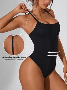 Women's Solid Color Spaghetti Strap High Elasticity Tummy Control Shaping Tank Top Black Summer Style - Black - View 4
