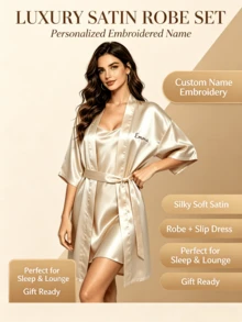 Custom Name Embroidery Satin Kimono Robe Personalized Name Bride Wedding Getting Ready 2 Pieces Satin Robe And Slip Dress Set Bridal Party Gift - Multicolor - View 10