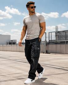 Men Loose Cargo Pants For Streetwear, Daily Wear And Weekend Outfits - 黑色 - 查看 1
