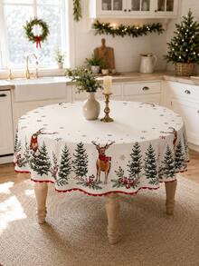 1pc-Farmhouse Christmas Reindeer Tablecloth, Forest Pine Tree Snowflake Red Berry Printed Round Rectangular Table Cloth, Festive Holiday Table Cover For Xmas Dinner Party Indoor Kitchen Dining Home Table Decoration - Multicolor - View 11