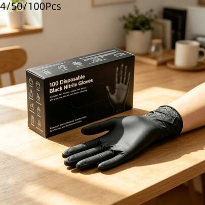 4/50/100 piezas Guantes desechables negros, guantes de nitrilo de alta calidad, adecuados para cocina, limpieza, belleza, bricolaje, cuidado de mascotas y reparación de automóviles, guantes de limpieza multiusos, diseño sin polvo, adecuados para limpieza del hogar (sin caja)