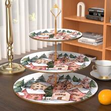 1pc 3-Tier Cupcake Stand With Winter Snowflake And European Village Pattern - Gold Rim Artificial Wood Cake Stand, Suitable For Weddings, Christmas, Birthdays, Tea Parties - Multi-Tier Dessert Display Stand - A - View 4