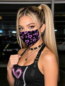 Women's Cute Purple Heart Print Mask - Elastic Breathable Black Mask, Suitable For Women And Teenagers, Fashionable Daily Accessory, Fun Style, Comfortable To Wear - Face Mask - View 3