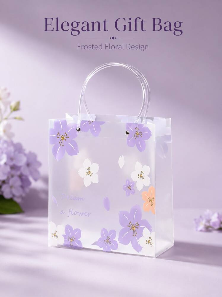 6pcs Purple Floral Matte Gift Bags, Reusable Handle Tote Bags For Birthday Party - Multicolor - View 3