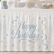 Light Blue Happy Birthday Table Skirt, Printed With Stars And Fireworks Pattern, Polyester Party Tablecloth, Suitable For Baby Birthday, Baby Celebration, Dessert Table Decoration And Home Party Supplies - A - View 7