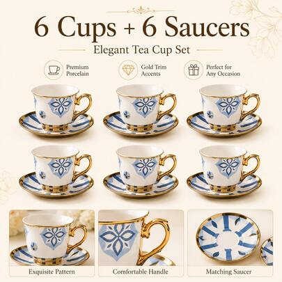 6Pcs Ceramic Tea Cup Set With Saucers, 90ml Blue Floral Pattern Cups With Gold Handle, Microwave & Dishwasher Gift Box For Home Party Wedding