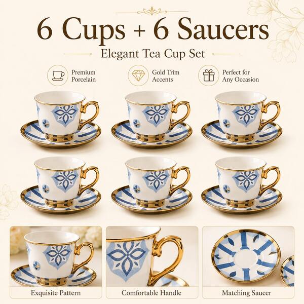 6Pcs Ceramic Tea Cup Set With Saucers, 90ml Blue Floral Pattern Cups With Gold Handle, Microwave & Dishwasher Gift Box For Home Party Wedding
