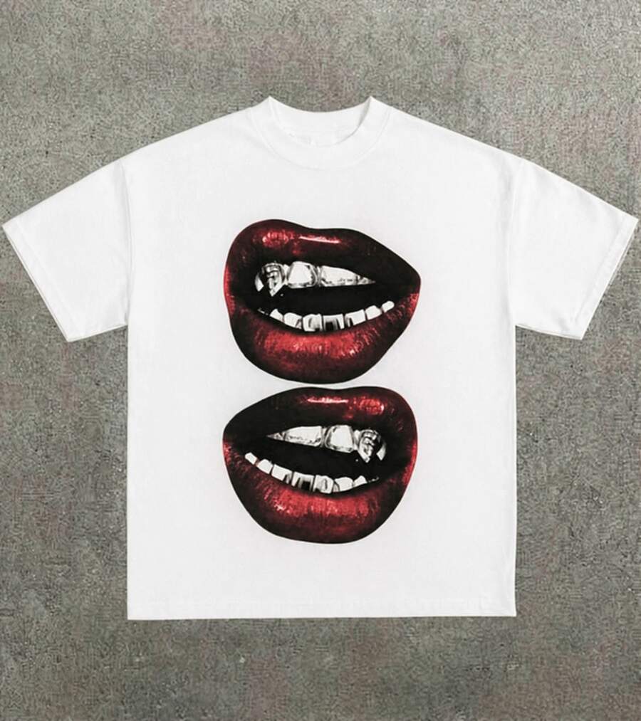 Casual, Soft T-Shirt With A Fun Barbecue Lip Pattern And Heat Transfer Print. - 白色1 - 查看 1