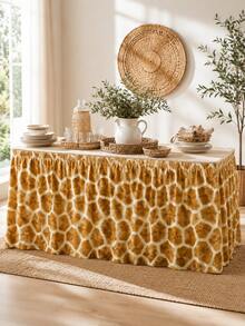 1pc Brown & Cream Giraffe Print Rectangular Table Skirt, Safari Animal Style Polyester Elastic Edge Ruffled Table Cover, Decorative Table Skirting For Jungle Party, Birthday, Dessert Buffet, Room Decor & Home Decor - Multicolor - View 7