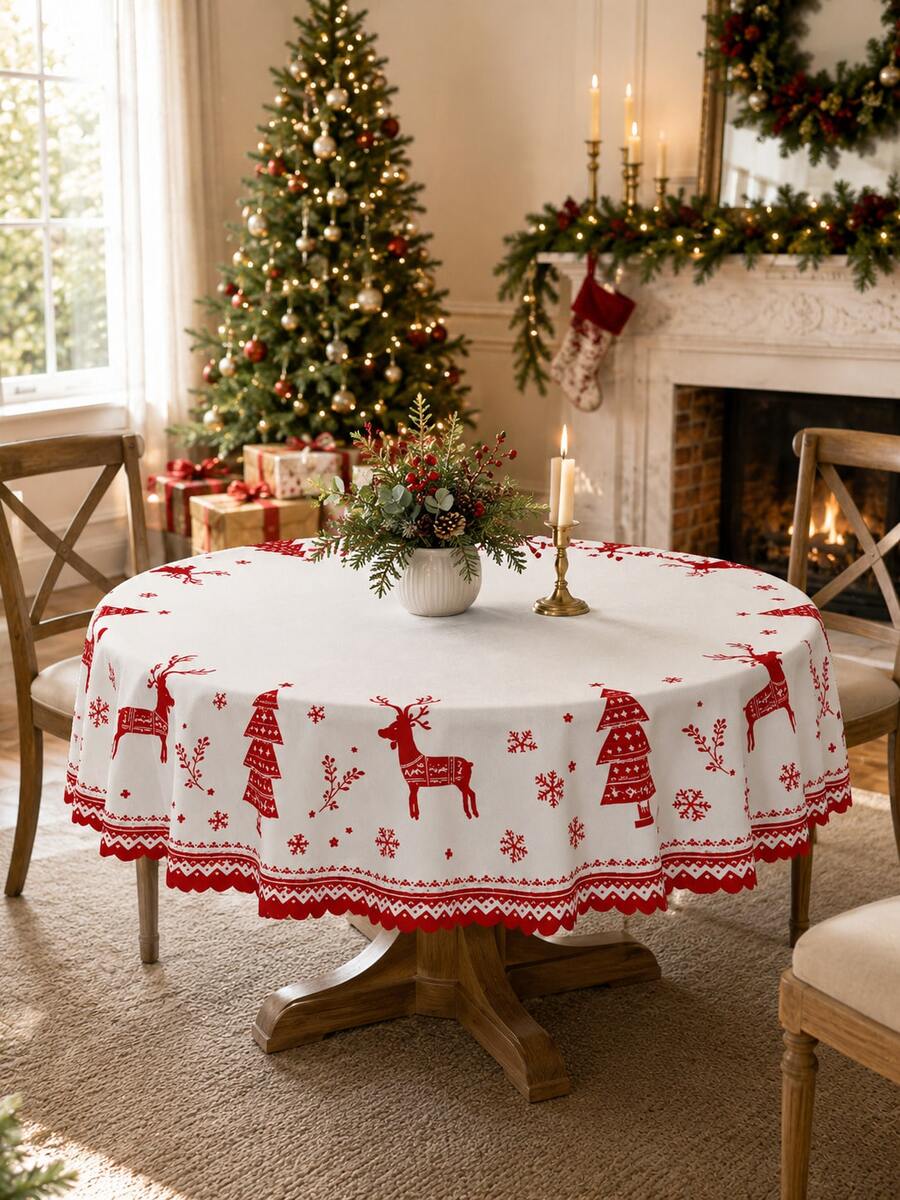 1pc-Nordic-Style Christmas Reindeer Print Tablecloth, With A Red Reindeer, Pine Tree, Snowflake, And Geometric Border Pattern; A Rustic Table Cover Suitable For Christmas Eve, Christmas Dinners, And Restaurant Table Decorations. - Multicolor - View 1
