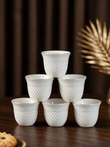 6pcs/Set Textured Ceramic Qahwa Coffee Cups, Gift Box, Gold Rim Small Arabic Coffee Mugs, Suitable For Saudi National Day Party, Middle Eastern Cafes, Arabic Coffee And Espresso Drinking - Multicolor - View 8