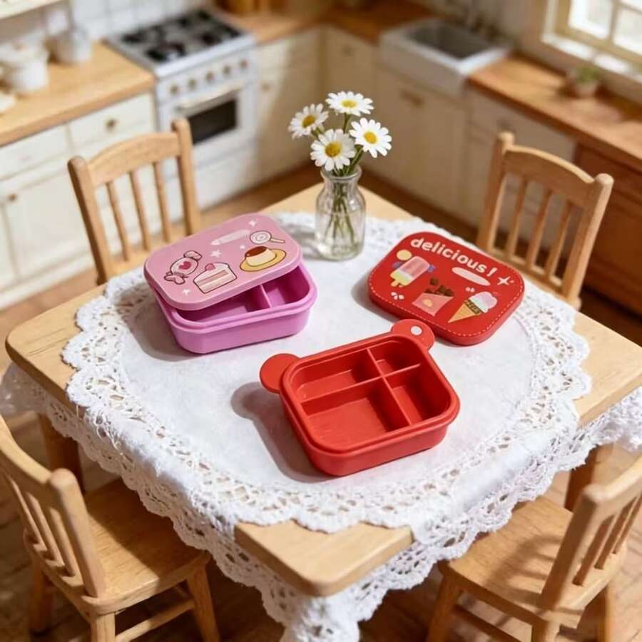 1pc/2pcs/4pcs Miniature Lunch Box Model, Mini Compartment Bento Box, Suitable For Dollhouse Restaurant Scene Decoration Accessories, Ideal Choice For Decoration Enthusiasts