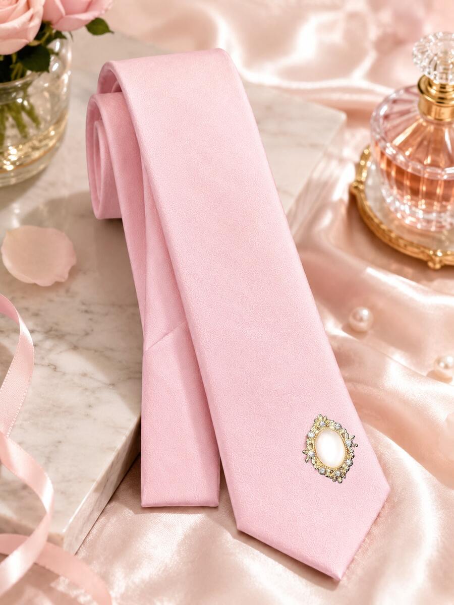Solid Color Rhinestone Studded Handmade Tie, Minimalist Versatile Tie Suitable For Daily Wear, Suit Jacket, Shirt - Baby Pink - View 1