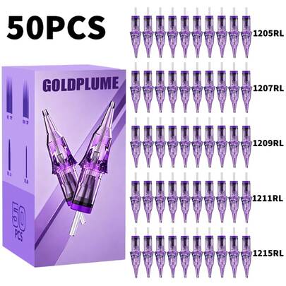 Gold Plume 50Pcs/Box Disposable Mixed Tattoo Cartridge Needles, Standard Round Liner, Sterilized Tattoo Needles For Beginners & Artists, Body Art Tattoo Supplies.