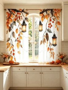 2pcs Autumn/Winter Sheer Curtains, Orange-Red Autumn Leaf Pendant Light Pattern, Create Warm Magical Atmosphere, Suitable For Living Room, Home Decor, Dining Room, Bedroom, Kitchen, Study, Bathroom, Balcony, 2D Flat - Multicolor - View 7