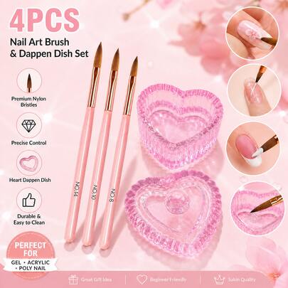 4pcs Pink Nail Art Brush & Heart-Shaped Dappen Dish Set, 3 Nylon Bristle Acrylic Gel Builder Brushes With Clear Heart-Shaped Liquid Cup, Precision Nail Art Tools For DIY Salon Nail Extensions