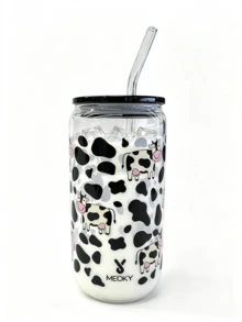 Meoky 16oz Glass Cup, Cow Print, High Borosilicate Glass Jar-Shaped Cup. Multi-Functional Kitchenware, Suitable For Home Hospitality, School Lunch Box And Office Coffee. Charming Everyday Cup And Party Favor. - Black Lid Black and White Cow - View 2