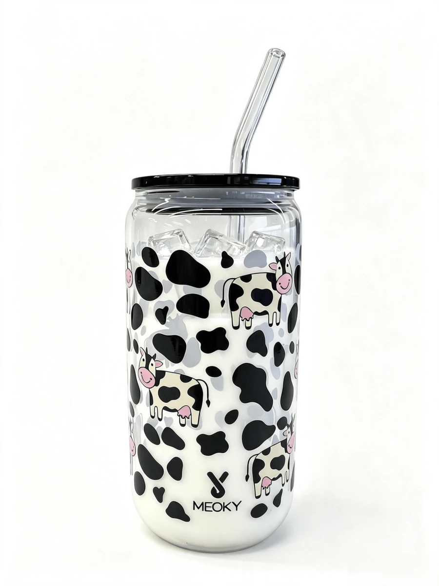 Meoky 16oz Glass Cup, Cow Print, High Borosilicate Glass Jar-Shaped Cup. Multi-Functional Kitchenware, Suitable For Home Hospitality, School Lunch Box And Office Coffee. Charming Everyday Cup And Party Favor.