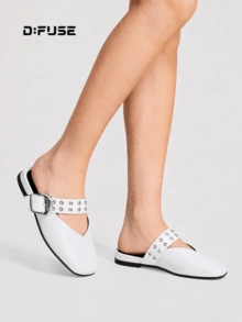 D:FUSE Sandal Selop Wanita dengan Hiasan Gesper Logam Berpaku Keling, Warna Polos, Ujung Persegi, Hak Rendah, Gaya Wanita Kantoran, Kencan Sehari-hari di Musim Panas, Kulit Asli Putih - Putih - View 8