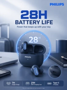 PHILIPS Earbud Bluetooth Nirkabel Sejati Semi-In-Ear Mini untuk Olahraga Lari, Musik, Panggilan, Peredam Kebisingan, Bass Dalam, Gaming, Kompatibel dengan Huawei dan Apple TAT2569 - View 3